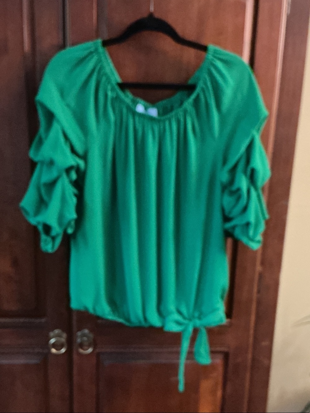 Democracy Emerald Green Ruffle Sleeve Tie-Hem Blouse